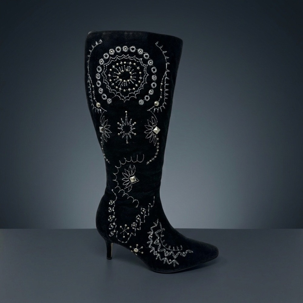 DG2 Diane Gilman Embroidered Studded Knee High Boots Womens 7M Black Kitten Heel